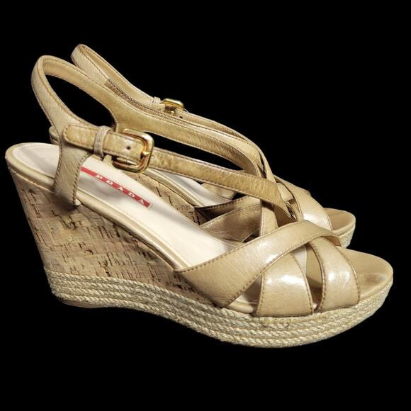 Prada Platform Sandals Tan Leather Chunky Cork Espadrille Wedge Heel Open 39.5 - Picture 1 of 15